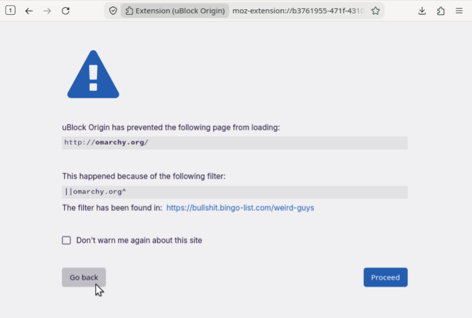 Screenshot of a blocked site using uBlock Origin